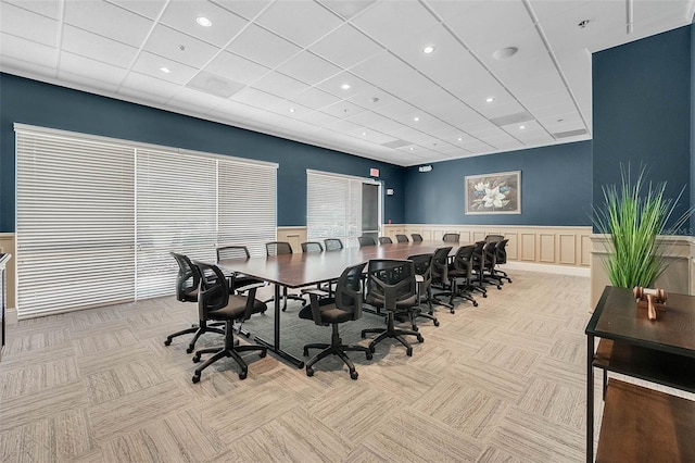 3586 Eversholt St, Clermont, FL 34711 - dining space featuring a drop ceiling, an office area, a wainscoted wall, recessed lighting, and light colored carpet