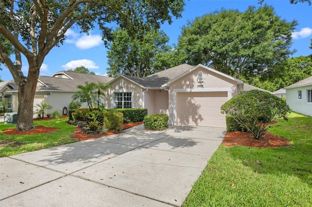 3586 Eversholt St, Clermont, FL 34711 - ranch-style house with an attached garage, driveway, stucco siding, and a front lawn