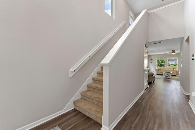 562 Meadow Ridge Dr, Saint Augustine, FL 32092 - stairway featuring wood finished floors, ceiling fan, and a towering ceiling