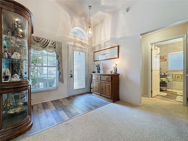 3716 Eversholt St, Clermont, FL 34711 - foyer entrance featuring a chandelier, a textured ceiling, and wood finished floors