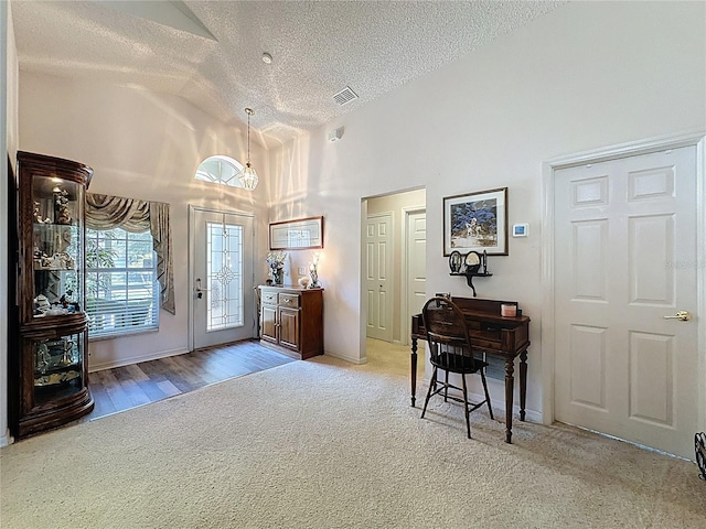 3716 Eversholt St, Clermont, FL 34711 - entrance foyer with a textured ceiling, carpet, and high vaulted ceiling