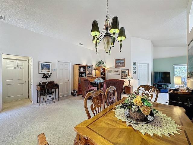 3716 Eversholt St, Clermont, FL 34711 - dining area with lofted ceiling, light colored carpet, a chandelier, and a textured ceiling