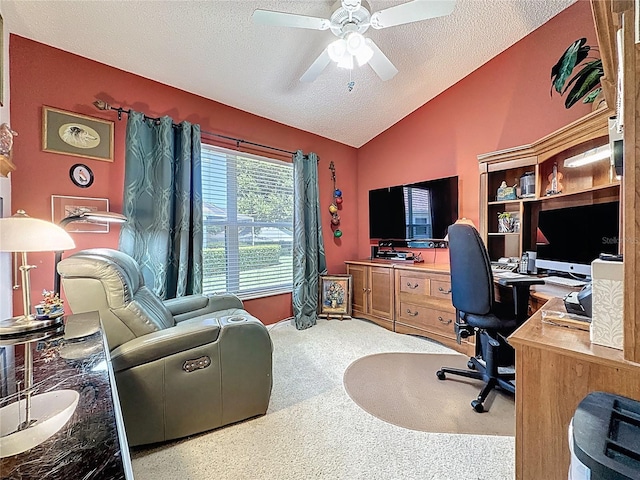3716 Eversholt St, Clermont, FL 34711 - carpeted office space featuring lofted ceiling, a textured ceiling, and a ceiling fan