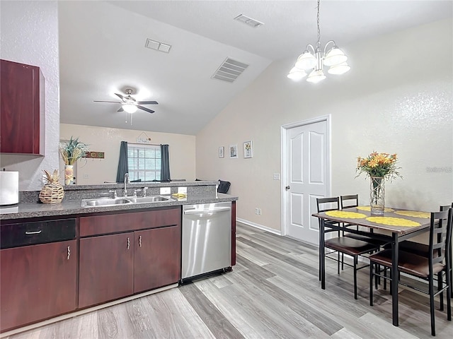 12181 SE 87th Ct, Belleview, FL 34420 - kitchen featuring dishwasher, a chandelier, vaulted ceiling, light wood-style floors, and ceiling fan