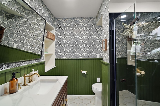 126 E Beach St, Groveland, FL 34736 - full bath featuring vanity, wallpapered walls, wainscoting, tile patterned floors, and a shower