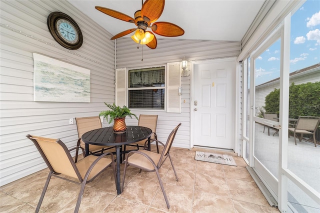 2237 Jetta Way, The Villages, FL 32162 - sunroom / solarium with outdoor dining area, a ceiling fan, and lofted ceiling
