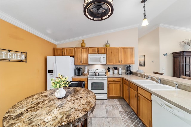 2237 Jetta Way, The Villages, FL 32162 - kitchen featuring white appliances, vaulted ceiling, light countertops, crown molding, and decorative light fixtures