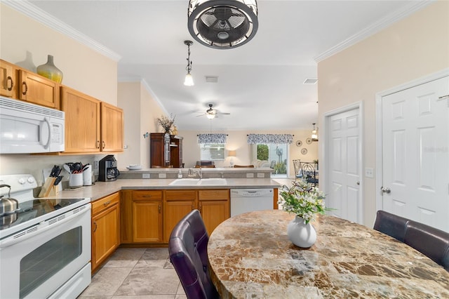 2237 Jetta Way, The Villages, FL 32162 - kitchen with white appliances, a peninsula, a ceiling fan, crown molding, and light countertops
