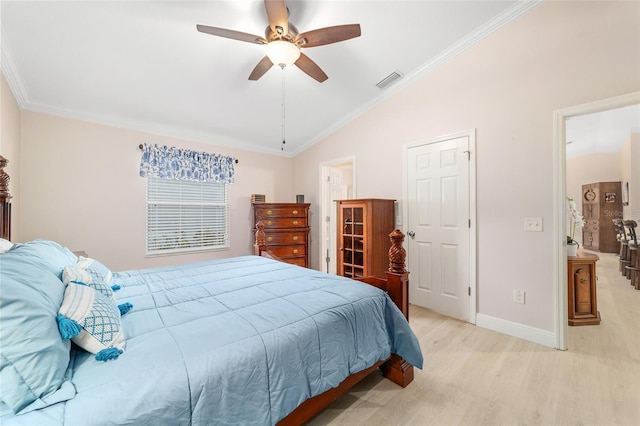 2237 Jetta Way, The Villages, FL 32162 - bedroom with lofted ceiling, light wood-type flooring, crown molding, and ceiling fan