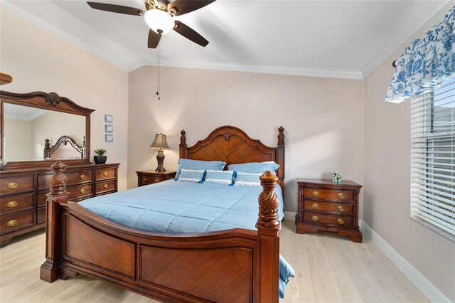 2237 Jetta Way, The Villages, FL 32162 - bedroom featuring light wood-type flooring, ornamental molding, and ceiling fan