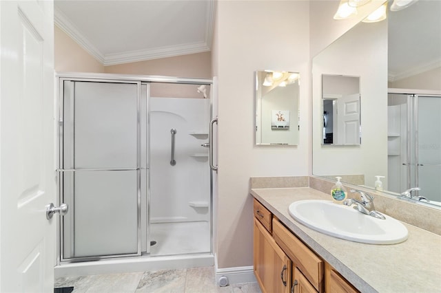 2237 Jetta Way, The Villages, FL 32162 - bathroom with crown molding, a stall shower, and vanity