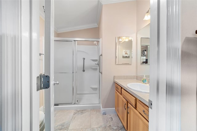 2237 Jetta Way, The Villages, FL 32162 - bathroom featuring crown molding, vanity, and a shower stall