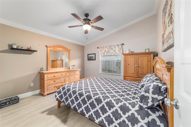 2237 Jetta Way, The Villages, FL 32162 - bedroom featuring ornamental molding, light wood finished floors, vaulted ceiling, and ceiling fan