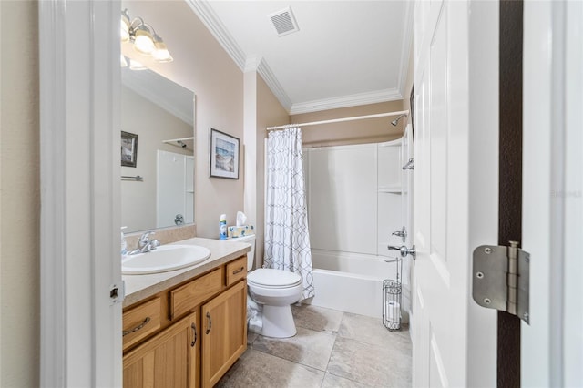 2237 Jetta Way, The Villages, FL 32162 - full bathroom featuring ornamental molding, vanity, shower / bathtub combination with curtain, and tile patterned floors