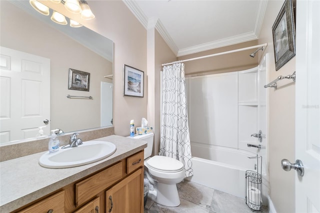 2237 Jetta Way, The Villages, FL 32162 - full bathroom featuring crown molding, vanity, shower / bath combo with shower curtain, and tile patterned floors