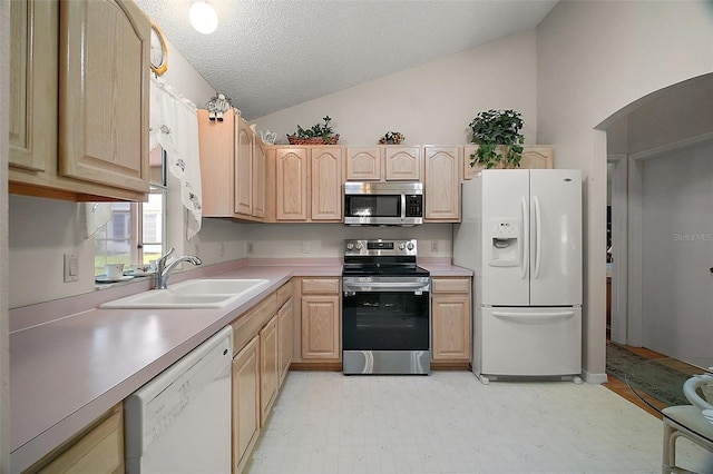 1007 Diego Ct, The Villages, FL 32159 - kitchen with stainless steel appliances, light brown cabinets, lofted ceiling, light countertops, and light floors