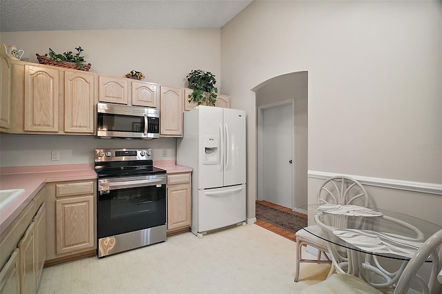 1007 Diego Ct, The Villages, FL 32159 - kitchen with appliances with stainless steel finishes, light brown cabinetry, light flooring, light countertops, and lofted ceiling
