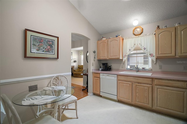 1007 Diego Ct, The Villages, FL 32159 - kitchen with white dishwasher, light brown cabinetry, arched walkways, lofted ceiling, and light countertops