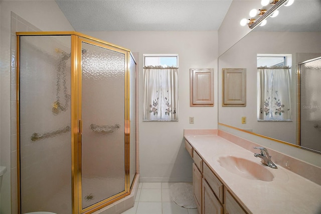 1007 Diego Ct, The Villages, FL 32159 - full bathroom featuring vanity, a shower stall, tile patterned flooring, and a textured ceiling