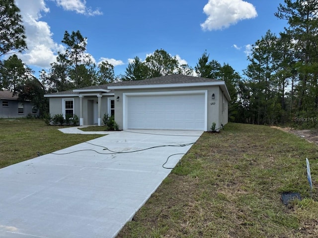 6769 N Waterman Dr, Dunnellon, FL 34433 - ranch-style house with stucco siding, driveway, a garage, and a front lawn