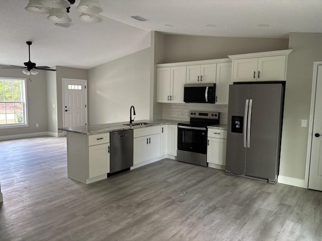 6769 N Waterman Dr, Dunnellon, FL 34433 - kitchen with appliances with stainless steel finishes, vaulted ceiling, light wood-type flooring, a peninsula, and tasteful backsplash