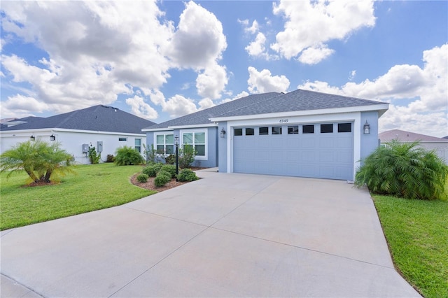 6949 Minchew Cir, The Villages, FL 34762 - ranch-style house featuring driveway, an attached garage, stucco siding, a front lawn, and a shingled roof