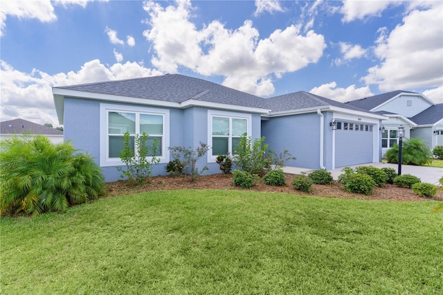 6949 Minchew Cir, The Villages, FL 34762 - single story home with an attached garage, stucco siding, a front lawn, and roof with shingles