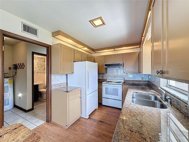 11401 Cypress Dr, Clermont, FL 34711 - kitchen with white appliances, exhaust hood, water heater, light wood-style floors, and tasteful backsplash