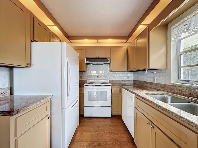 11401 Cypress Dr, Clermont, FL 34711 - kitchen featuring white appliances, range hood, dark wood-type flooring, backsplash, and stone countertops