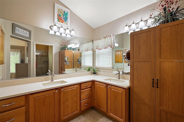 1002 Amarillo Pl, The Villages, FL 32159 - full bath with vaulted ceiling, double vanity, a stall shower, and a closet