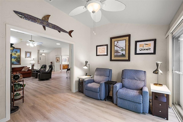 1002 Amarillo Pl, The Villages, FL 32159 - living area featuring a ceiling fan, light wood-style flooring, and lofted ceiling