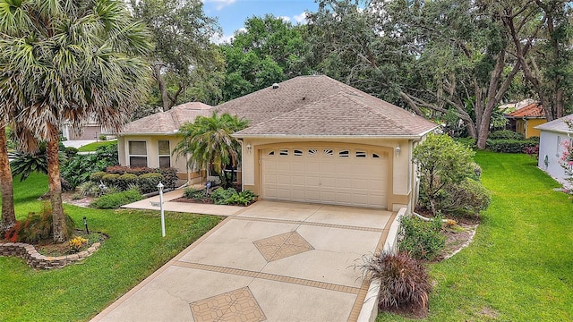 1002 Amarillo Pl, The Villages, FL 32159 - view of front of house featuring driveway, stucco siding, a front yard, and an attached garage