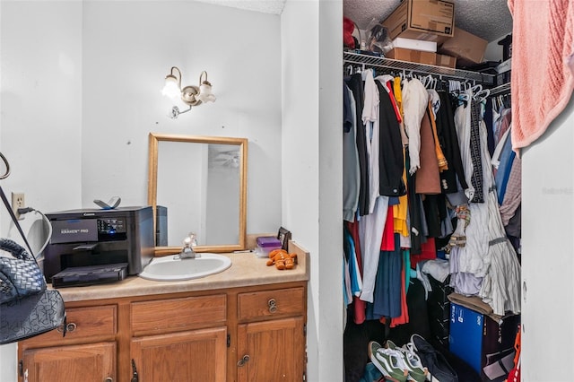 3401 Sunrise Villas Ct S, Tampa, FL 33614 - bathroom with vanity, a textured ceiling, and a walk in closet