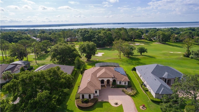 aerial view of a large body of water and a local golf course