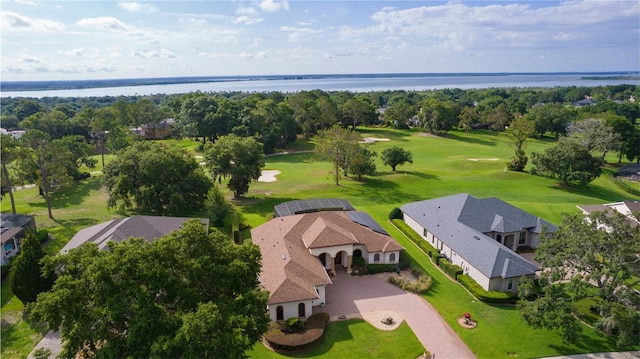 bird's eye view of a large body of water and a local golf course