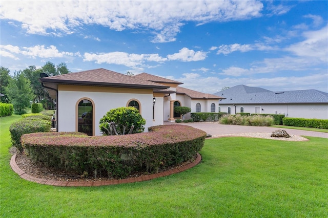 view of front of property with a front yard, stucco siding, and curved driveway