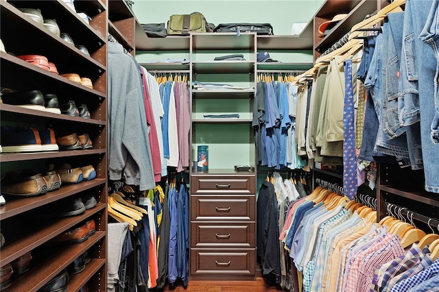 walk in closet featuring dark wood-style flooring