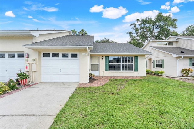 1467 Disston Ave, Clermont, FL 34711 - view of front of house featuring stucco siding, an attached garage, driveway, a front yard, and a shingled roof
