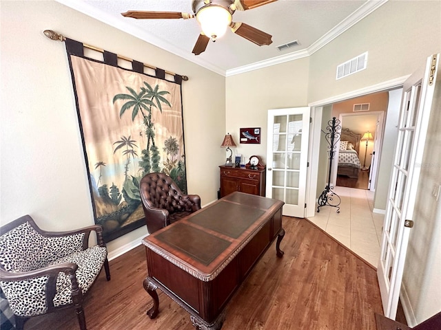 12183 SE 178th St, Summerfield, FL 34491 - office with french doors, ornamental molding, ceiling fan, and wood finished floors