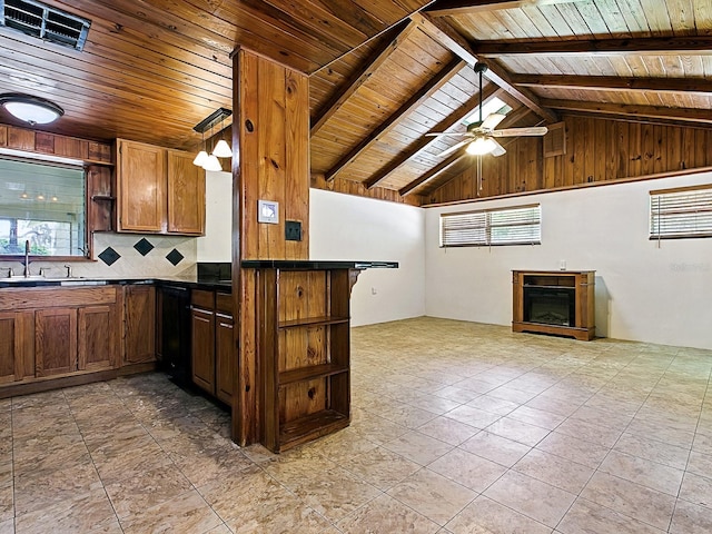 6731 Lake Griffin Rd, Lady Lake, FL 32159 - kitchen featuring open shelves, dark countertops, wood ceiling, tasteful backsplash, and open floor plan