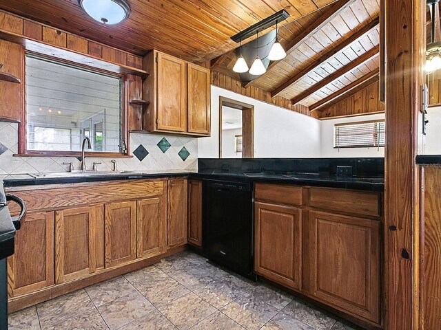 6731 Lake Griffin Rd, Lady Lake, FL 32159 - kitchen with open shelves, black dishwasher, wood ceiling, decorative backsplash, and brown cabinetry