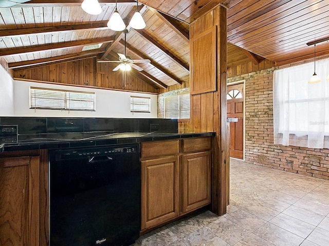 6731 Lake Griffin Rd, Lady Lake, FL 32159 - kitchen with dishwasher, wooden ceiling, plenty of natural light, brick wall, and lofted ceiling