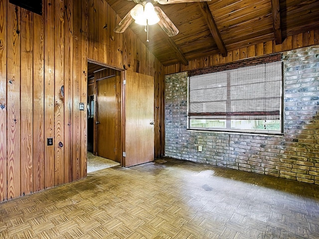 6731 Lake Griffin Rd, Lady Lake, FL 32159 - empty room with wooden walls, a ceiling fan, wooden ceiling, and brick wall
