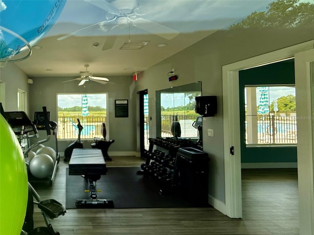 3607 Umbrella Tree Ln, Oxford, FL 34484 - exercise room featuring a ceiling fan, wood finished floors, healthy amount of natural light, and recessed lighting