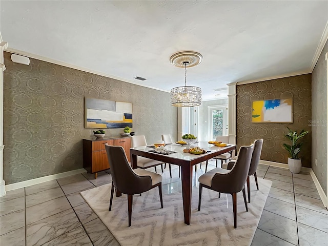 504 Banning Beach Rd, Tavares, FL 32778 - dining area with a chandelier, light marble finish floors, crown molding, and wallpapered walls