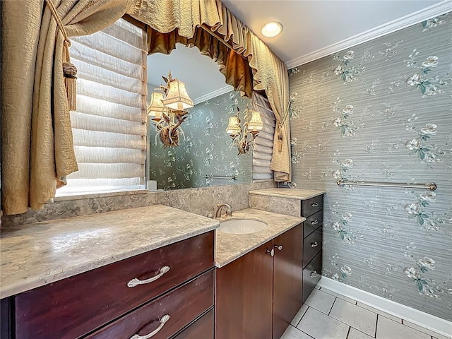 504 Banning Beach Rd, Tavares, FL 32778 - bathroom with tile patterned flooring, ornamental molding, and vanity