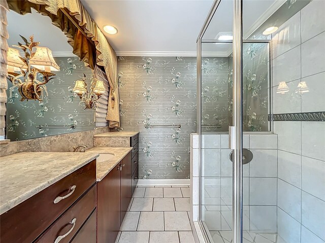504 Banning Beach Rd, Tavares, FL 32778 - bathroom featuring vanity, ornamental molding, tile patterned flooring, a stall shower, and recessed lighting