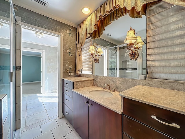 504 Banning Beach Rd, Tavares, FL 32778 - full bathroom with ornamental molding, vanity, tile patterned floors, and a shower stall