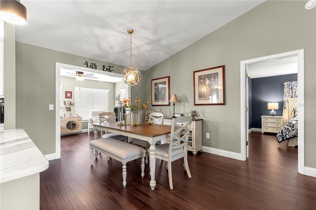 9790 SE 175th St, Summerfield, FL 34491 - dining room featuring a ceiling fan, lofted ceiling, and dark wood-style flooring