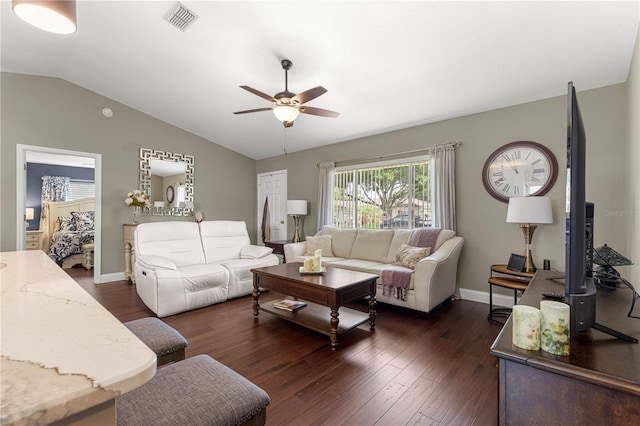 9790 SE 175th St, Summerfield, FL 34491 - living area with a ceiling fan, lofted ceiling, and dark wood-type flooring